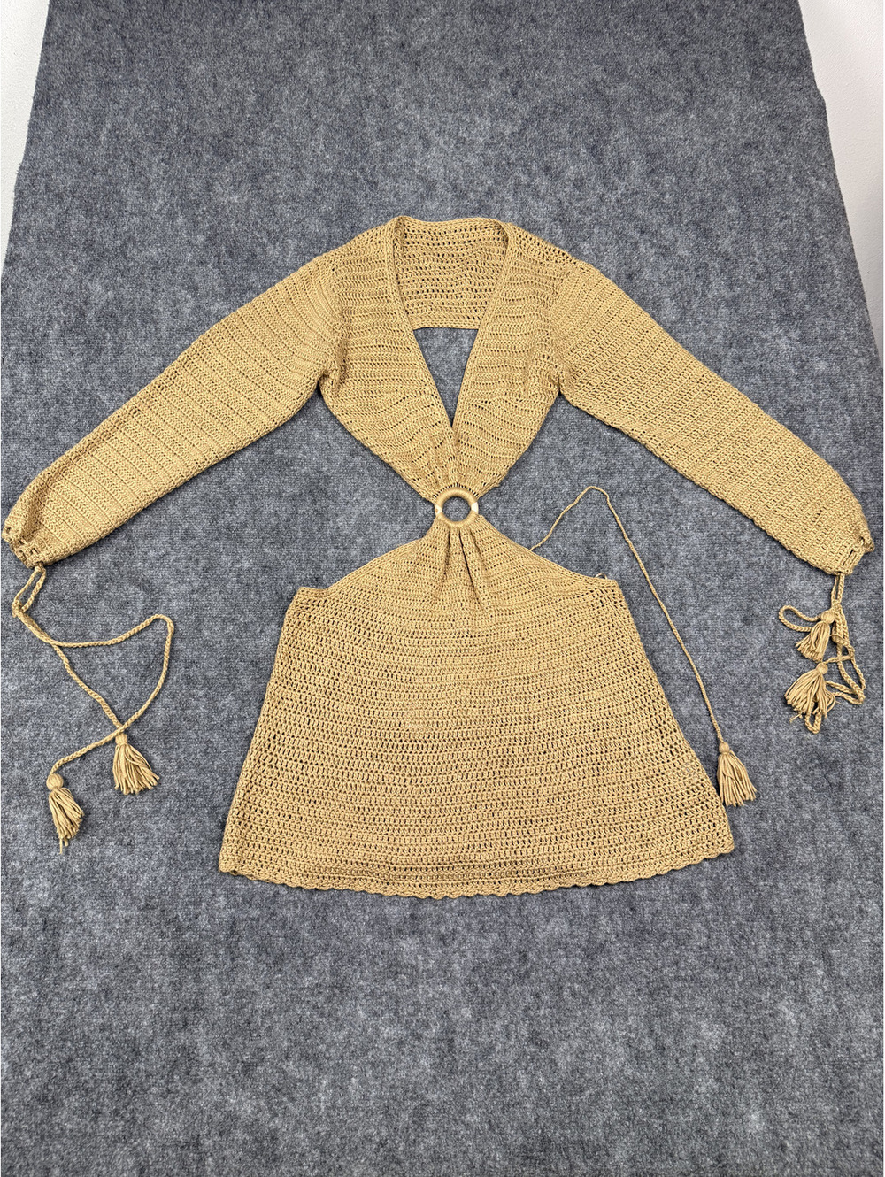 FORE Handmade Beige Crochet Knit Long Sleeve Mini Dress